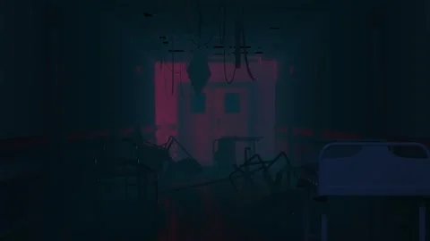 Forward gliding shot through dark asylum corridor, chaotic beds and objects.. Stock Footage 251877992