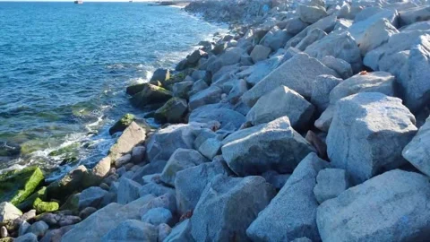 Forward Motion Over Coastal Rocks Along Shoreline Stock Footage 332481654