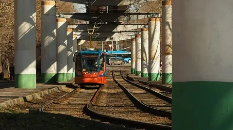 Forward motion of tramway 71-623 travels on rails Video stock 67618270