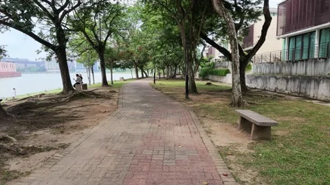 Forward movement along a paved park pathway next to a lake surrounded Stock Footage 340864346