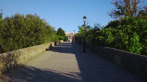 Forward movement on a stone walkway with distant pedestrians toward a city skyli Video stock 342326052