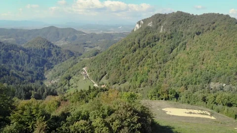 Forward moving aerial over the thick dense green trees over the mountains Stock Footage 140267119