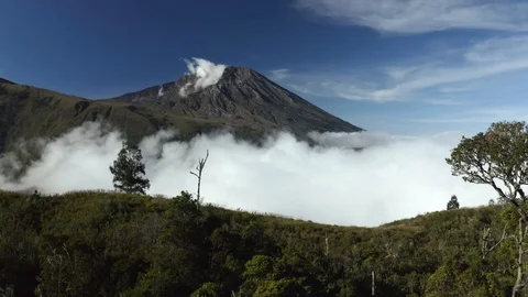 Forward moving and tilting drone shot with view of vulcano Mount Rinjani, Lombok Stock Footage 115266694