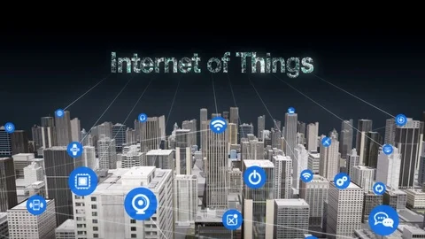 Forward moving,  sensor icon on Smart city, connecting 'INTERNET OF THINGS' Stock Footage 76648763
