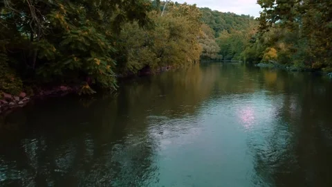 Forward moving shot over a creek revealing the sun's reflection Stock Footage 247428550