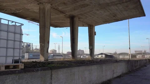 Forward moving under an old concrete terminal roof Stock Footage 171513272