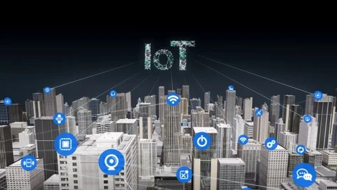 Forward moving,  various sensor icon on Smart city, connecting 'IOT'. Stock Footage 76648936
