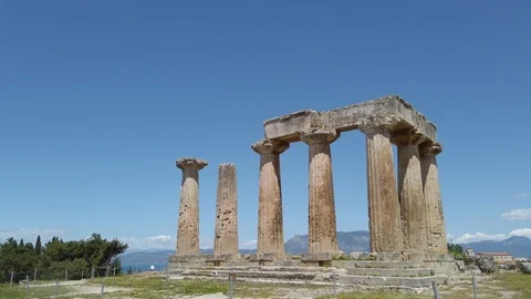 Forward Pan of the Archaic Temple of Apollo Dorian Columns in Corinth Greece Stock Footage 127525363