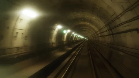 Forward POV Speeding Through Illuminated Underground Metro Tunnel, Copenhagen Stock Footage 341316366