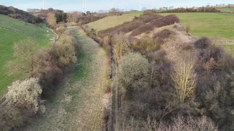 Forward rise through green corridor to wind turbine view Stock Footage 331211426