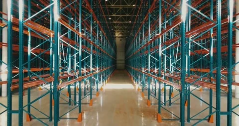 Forward shot of metallic rows inside warehouse. A path through metallic Video stock 135058497