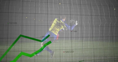 Forward taking penalty aiming net, keeper lunging, line graphs and stats Stock Footage 311604392
