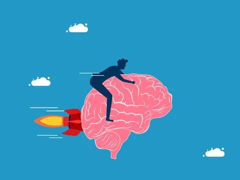 Forward thinking. Businessman controls his brain and flies forward Stock Illustration