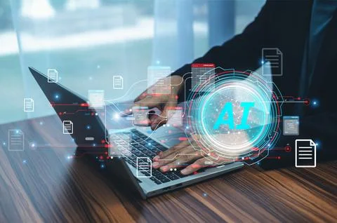 A forward-thinking businessman utilizes AI for document management, streaml.. 스톡 사진