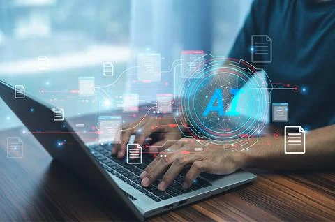 A forward-thinking businessman utilizes AI for document management, streaml.. 스톡 사진