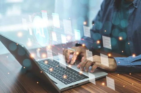 A forward-thinking businessman utilizes AI for document management, streaml.. 스톡 사진