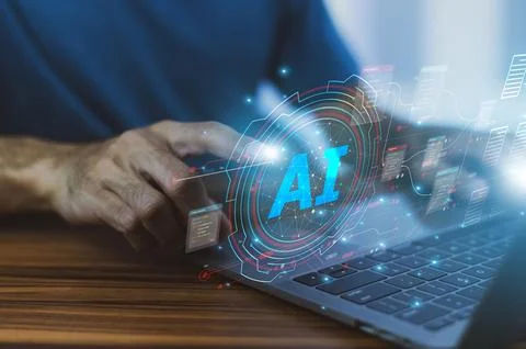 A forward-thinking businessman utilizes AI for document management, streaml.. 스톡 사진