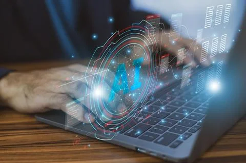 A forward-thinking businessman utilizes AI for document management, streaml.. 스톡 사진