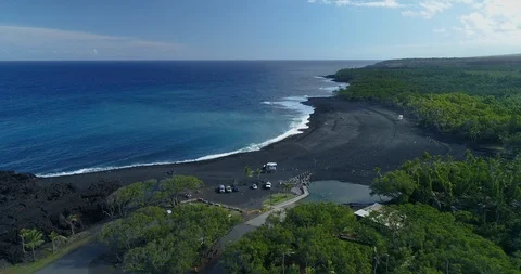 Forward tracking Aerial view of Pohoiki Black Sand Beach,Big Island,Hawaii,usa Stock Footage 120929362