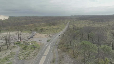 Forward tracking drone with road centered and Dune du Pilat left, France Vídeos de archivo 333108629