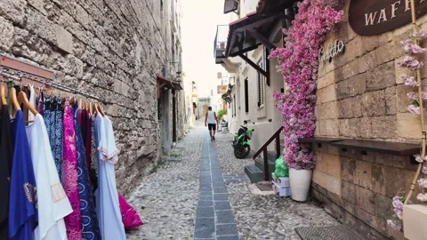 Forward Tracking Shot along Scenic Alley in Rhodes Stock Footage 340575950