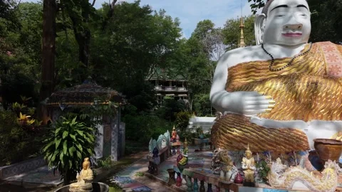 Forward tracking shot of a large Buddha statue in a temple garden Stock Footage 335618015