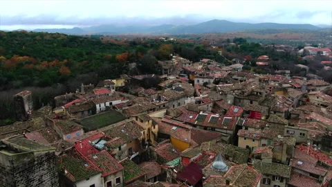Forward tracking village with forests in background Stock Footage 347585440