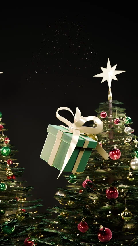 Forward Vertical Move on Levitating Christmas Present, Vertical 9:16 4K Stockbeeldmateriaal 347572451