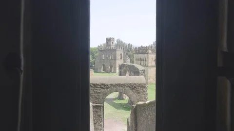 Forward Within Fasilides Castle Reveal Window View Fasil Ghebbi Gondar Ethiopia Stock Footage 122745902