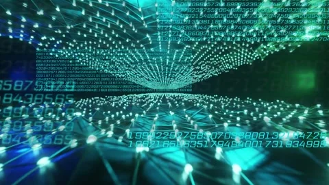 Forward zoom starting node grid, mirrored dome moving inward while codes rising, 스톡 동영상 334322347