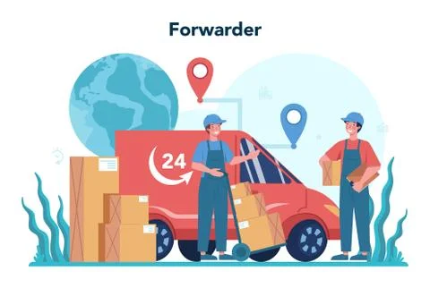 Forwarder concept. Loader in uniform delivering a cargo. Delivery man Stock Illustration
