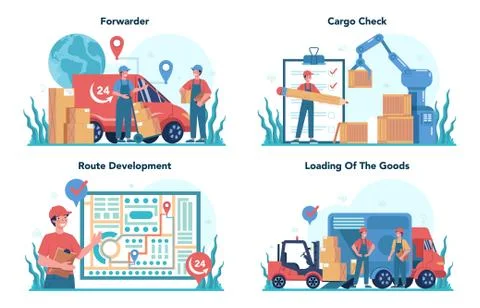 Forwarder concept set. Loader in uniform delivering a cargo. Delivery man Stock Illustration