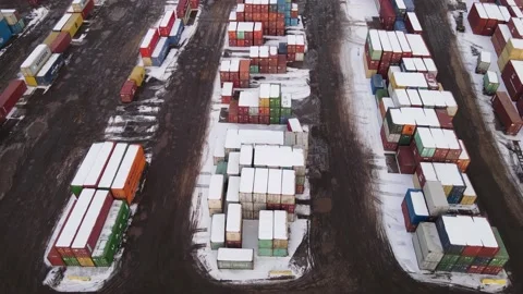 Forwarding shot of snow covered shipping containers on a winter day, Stock Footage 236343601
