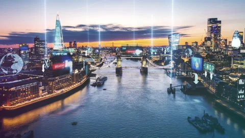Forwards fly over famous Tower Bridge spanning River Thames in centre of Stock Footage 199606116
