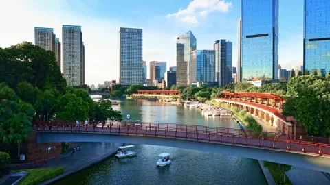 Foshan - 19 MARCH 2025 :  Twilight Foshan City Famous  Riverside Park Bay Square Stock Footage 291107787