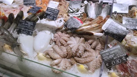 Fossano, Italy - Showcase of the Fish section at the supermarket Stock Footage 201670281