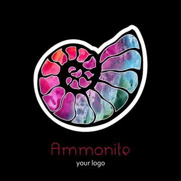 Fossil ammonite nautilus seashell vector logo. Watercolor rainbow pink blue h Stock Illustration