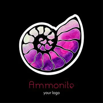 Fossil ammonite nautilus seashell vector logo. Watercolor rainbow pink white  Stock Illustration