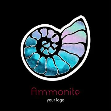 Fossil ammonite nautilus seashell vector logo. Watercolor rainbow pink blue h Stock Illustration
