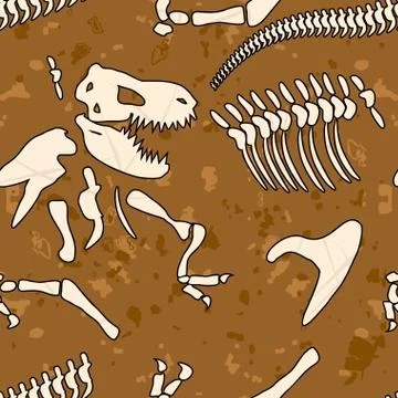Fossil dinosaur seamless pattern. Bones of Tyrannosaurus vector background. A Stock Illustration