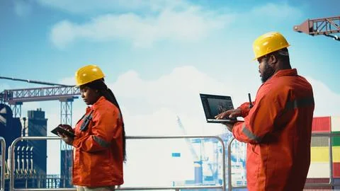 Fossil fuel company expert using laptop software Stock Photos