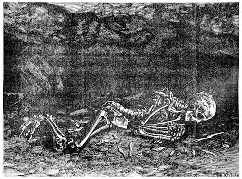 The fossil man found in 1872 in a cave in Menton, now in the Museum of Paris, Stock-Illustration
