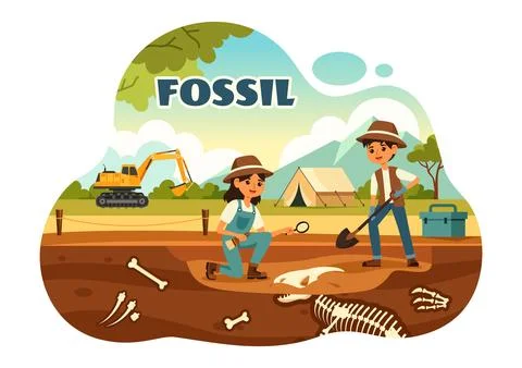 Fossil Vector Illustration of Archaeologists Discovering Dinosaur Skeletons.. イラスト素材