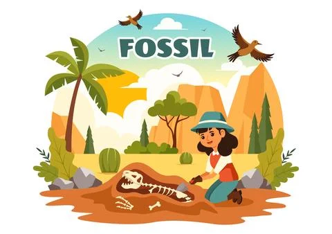 Fossil Vector Illustration of Archaeologists Discovering Dinosaur Skeletons.. Stock Illustration