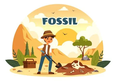 Fossil Vector Illustration of Archaeologists Discovering Dinosaur Skeletons.. Stock Illustration