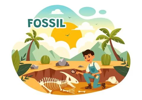 Fossil Vector Illustration of Archaeologists Discovering Dinosaur Skeletons.. Stock Illustration