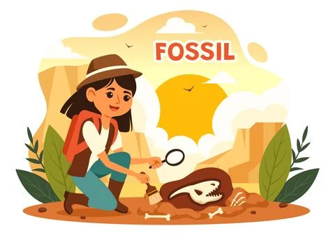 Fossil Vector Illustration of Archaeologists Discovering Dinosaur Skeletons.. Stock Illustration