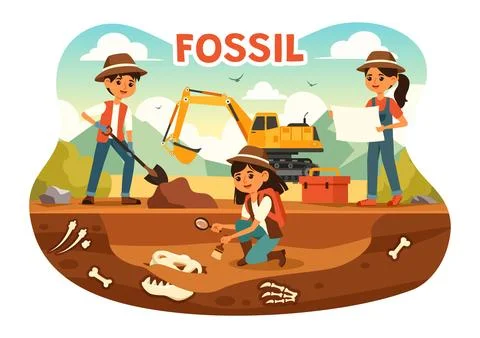Fossil Vector Illustration of Archaeologists Discovering Dinosaur Skeletons.. Stock Illustration