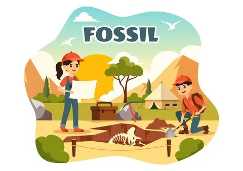 Fossil Vector Illustration of Archaeologists Discovering Dinosaur Skeletons.. Stock Illustration