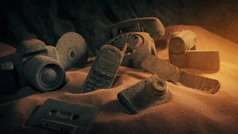 Fossilized Old Technology Items Revealed In Dusty Glow Stock Footage 285344344